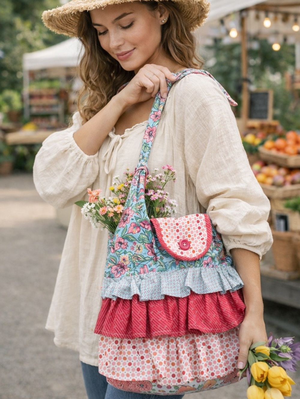 Boho Patchwork Ruffle Bucket Bag Floral Quilted Cottagecore Handmade Style Purse